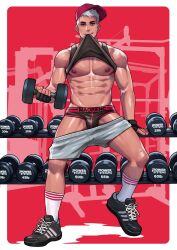Rule 34 | 1boy, abs, bara, biting, biting clothes, black footwear, black gloves, black male underwear, black tank top, border, clothes lift, clothes pull, dumbbell, exercising, fingerless gloves, full body, gloves, gym, highres, holding, looking at viewer, male focus, male underwear, maorenc, muscular, muscular male, navel, nipples, original, pectorals, red background, red headwear, shirt lift, shoes, short hair, shorts, shorts pull, socks, solo, tank top, underwear, white border, white hair, white socks