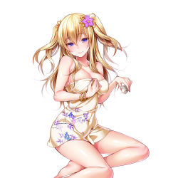 Rule 34 | 1girl, bad id, bad tumblr id, blonde hair, blue eyes, blush, bracelet, breasts, choko (cup), cleavage, covered navel, cup, female focus, fingernails, flower, groin, hair flower, hair ornament, head tilt, hizuki akira, jewelry, large breasts, light smile, long hair, looking at viewer, nail polish, naked towel, simple background, skindentation, solo, taut clothes, towel, tsurime, twintails, two side up, white background, wide hips