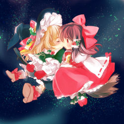 Rule 34 | 2girls, bell, blonde hair, blush, bow, broom, broom riding, brown hair, capelet, christmas, closed eyes, female focus, hair bow, hair tubes, hakurei reimu, hat, holly, kayako (tdxxxk), kirisame marisa, kiss, mittens, multiple girls, multiple riders, red eyes, red mittens, sidesaddle, surprised, thick eyebrows, touhou, witch, witch hat, yuri