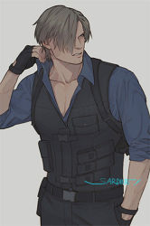 Rule 34 | 1boy, adjusting collar, artist name, belt, black belt, black gloves, black vest, blonde hair, blue shirt, clenched teeth, collarbone, cowboy shot, fingerless gloves, gloves, grey background, hair over one eye, hand in pocket, leon s. kennedy, looking to the side, male focus, mature male, one eye covered, open collar, parted bangs, pectorals, resident evil, resident evil 6, sardine (kjr0313), shirt, sleeves rolled up, solo, tactical clothes, teeth, vest