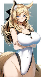 Rule 34 | 1girl, animal ear fluff, animal ears, arknights, black ribbon, blonde hair, blue eyes, breasts, closed mouth, competition swimsuit, embarrassed, gin moku, highres, large breasts, long hair, looking at viewer, one-piece swimsuit, ribbon, simple background, solo, sweatdrop, swimsuit, tail, whislash (arknights)