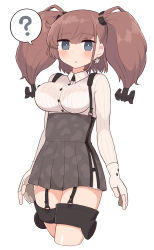 Rule 34 | 1girl, ?, anchor hair ornament, atlanta (kancolle), black skirt, breasts, brown hair, cowboy shot, cropped legs, dress shirt, earrings, garter straps, gloves, grey eyes, hair ornament, high-waist skirt, highres, jewelry, kantai collection, large breasts, long hair, long sleeves, looking at viewer, partially fingerless gloves, shirt, simoyuki, simple background, skirt, solo, spoken question mark, star (symbol), star earrings, suspender skirt, suspenders, thigh strap, two side up, white background, white gloves, white shirt