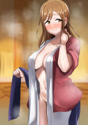 1girl absurdres blurry blurry_background blush breasts brown_eyes brown_hair cleavage closed_mouth collarbone commentary_request ern_rkgk groin hand_up highres holding japanese_clothes kimono kunikida_hanamaru large_breasts looking_at_viewer love_live! love_live!_sunshine!! medium_hair navel obi open_clothes open_kimono purple_sash sash smile solo standing steam stomach white_kimono