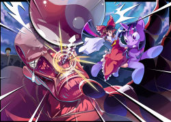 Rule 34 | 1girl, 2boys, black eyes, border, brown eyes, brown hair, clenched teeth, colossal titan, crossover, eren yeager, giant, gohei, hakurei reimu, highres, hitting, monster, multicolored hair, multiple boys, multiple crossover, muscular, my little pony, my little pony: friendship is magic, open mouth, oversized object, pony (animal), purple eyes, riding, shingeki no kyojin, tail, tears, teeth, titan (shingeki no kyojin), touhou, twilight sparkle, unicorn, wall, wide-eyed, x x, xin yu hua yin, yin yang, zxyon2008