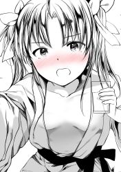 Rule 34 | 1girl, blush, bow, breasts, breasts apart, commentary request, cup, drinking glass, fingernails, greyscale, hair bow, holding, holding cup, japanese clothes, kagerou (kancolle), kantai collection, kimono, leaning forward, looking at viewer, miyuki yaya, monochrome, navel, no bra, nose blush, open clothes, open kimono, open mouth, parted bangs, sash, small breasts, solo, spot color, two side up