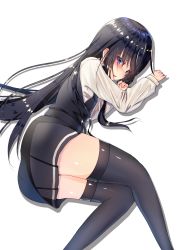 Rule 34 | 10s, 1girl, asashio (kancolle), ass, belt, black hair, black thighhighs, blue eyes, blush, dress, highres, kantai collection, long hair, long sleeves, lying, on side, pinafore dress, simple background, sketch, skirt, sleeveless, sleeveless dress, solo, tetora pod , thighhighs, white background