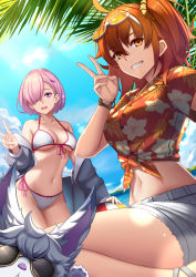 Rule 34 | 2girls, absurdres, ahoge, bare shoulders, beach, bikini, blue sky, breasts, cleavage, collarbone, dydydyok, eyewear on head, fate/grand order, fate (series), floral print, fou (fate), front-tie bikini top, front-tie top, fujimaru ritsuka (female), fujimaru ritsuka (female) (tropical summer), grey jacket, grin, hair ornament, hair over one eye, hair scrunchie, hairclip, hawaiian shirt, highres, jacket, large breasts, light purple hair, long sleeves, looking at viewer, mash kyrielight, mash kyrielight (swimsuit of perpetual summer), medium breasts, midriff, multiple girls, navel, off shoulder, official alternate costume, one side up, open mouth, orange eyes, orange hair, pink hair, purple eyes, red shirt, revision, scrunchie, shirt, short hair, short shorts, short sleeves, shorts, side-tie bikini bottom, side ponytail, sky, smile, sunglasses, swimsuit, thighs, tied shirt, tropical summer (fate), v, white bikini, white shorts