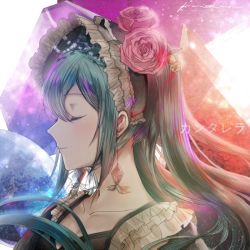 Rule 34 | 1girl, abstract background, alternate costume, aqua hair, backlighting, bonnet, collarbone, dated, earrings, closed eyes, flower, frills, hair flower, hair ornament, hatsune miku, jewelry, kleinlight, light particles, long hair, portrait, profile, signature, smile, solo, twintails, vocaloid