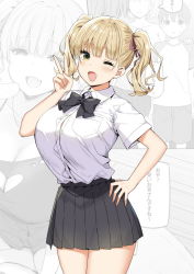 Rule 34 | 1boy, 2girls, black ribbon, blonde hair, blouse, blush, breast pocket, breasts, cleavage, cleavage cutout, clothing cutout, collared shirt, commentary request, eyelashes, fang, fingernails, hair ribbon, hand on own hip, highres, himeko (sky-freedom), large breasts, multiple girls, one eye closed, open mouth, original, pink ribbon, pocket, ribbon, riko (sky-freedom), school uniform, serafuku, shirt, shirt tucked in, short hair, shorts, skirt, sky-freedom, sweatdrop, thighs, twintails, v, white shirt, yellow eyes