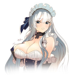 Rule 34 | 1girl, apron, azur lane, belfast (azur lane), blue eyes, blush, breasts, chain, choker, cleavage, elbow gloves, eyebrows hidden by hair, gloves, hair between eyes, hair ribbon, hand on own chest, hey taisyou, highres, large breasts, long hair, looking at viewer, maid, maid apron, maid headdress, ribbon, simple background, solo, white background, white hair