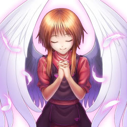 Rule 34 | 1girl, angel wings, brown hair, closed eyes, elpeo puru, feathered wings, feathers, gundam, gundam zz, haarie, own hands clasped, own hands together, red shirt, shirt, short hair with long locks, sidelocks, smile, solo, standing, white feathers, white wings, wings