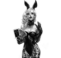 Rule 34 | 1girl, animal ears, as (ashes), bare shoulders, black lips, breasts, rabbit ears, card, choker, cleavage, collar, collarbone, cowboy shot, elbow gloves, eyeshadow, fake animal ears, gloves, greyscale, leotard, lipstick, looking at viewer, makeup, monochrome, original, pantyhose, parted lips, playboy bunny, simple background, solo, wavy hair, white background
