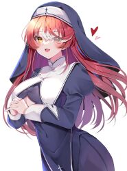 Rule 34 | 1girl, breast curtains, breasts, cleavage, covered navel, habit, heart, heart-shaped pupils, heterochromia, highres, hololive, houshou marine, houshou marine (nun), large breasts, long hair, looking at viewer, multicolored hair, nun, pink hair, red eyes, red hair, streaked hair, symbol-shaped pupils, virtual youtuber, white background, yellow eyes, yuanagae