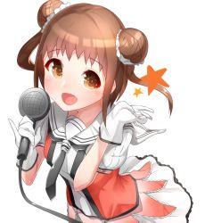 Rule 34 | 10s, 1girl, :d, antenna hair, boruhis, brown eyes, brown hair, double bun, gloves, hair bun, heart, heart-shaped pupils, holding, holding microphone, idol, kantai collection, long hair, looking at viewer, microphone, naka (kancolle), naka kai ni (kancolle), open mouth, school uniform, serafuku, short hair, simple background, smile, solo, star (symbol), symbol-shaped pupils, thighhighs, upper body, white background, white gloves