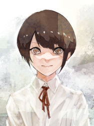 Rule 34 | 1girl, abstract background, absurdres, brown eyes, brown hair, brown pupils, closed mouth, collared shirt, commentary request, grey background, highres, light smile, looking at viewer, neck ribbon, original, red ribbon, ribbon, shirt, short hair, solo, upper body, white shirt, yuu akine
