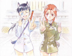 Rule 34 | 2girls, :d, agahari, animal ears, closed mouth, cowboy shot, eyepatch, koi dance, long hair, looking at another, minna-dietlinde wilcke, multiple girls, open mouth, painting (medium), red hair, sakamoto mio, smile, strike witches, thighs, traditional media, v, watercolor (medium), world witches series