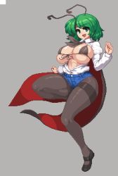 Rule 34 | 1girl, :d, alternate breast size, antennae, bikini, bikini top only, bra, breasts, brown pantyhose, cape, denim, denim shorts, front-tie top, full body, green eyes, green hair, grey background, huge breasts, large breasts, lowres, micro bra, namako daibakuhatsu, open clothes, open mouth, open shirt, pantyhose, pixel art, puffy sleeves, shirt, short hair, short shorts, shorts, simple background, smile, solo, standing, standing on one leg, swimsuit, thick thighs, thighband pantyhose, thighs, touhou, underwear, white shirt, wriggle nightbug