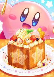 Rule 34 | :d, arm up, artist name, blue background, blue eyes, blueberry, blush, blush stickers, cake, cherry, commentary request, dated, food, fruit, highres, holding, ice cream, kirby, kirby (series), kumaoka pon, leaf, mint, nintendo, no humans, open mouth, pixiv id, plate, simple background, smile, star (symbol), star in eye, starry background, strawberry, symbol in eye, syrup, table, twitter username, waddle dee, watermark, whipped cream