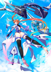 Rule 34 | 1girl, alternate eye color, ass, barefoot, black thighhighs, blue sky, brown hair, cloud, commentary request, elbow gloves, fingerless gloves, flying, from behind, gloves, highres, long hair, looking at viewer, looking back, lyrical nanoha, magical girl, mahou shoujo lyrical nanoha, mecha musume, midair, mikazuki akira!, open mouth, red eyes, shiny skin, sky, smile, solo, takamachi nanoha, thighhighs, twintails