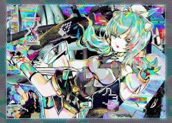 Rule 34 | 1girl, abstract background, ahoge, arm at side, bandeau, belt, black belt, black leotard, black shorts, blue eyes, border, breasts, cable, collage background, commentary, cursor, english commentary, full body, gloves, green hair, grey bandeau, halftone, hand up, headgear, highres, hourglass, indie virtual youtuber, itopoid, large breasts, leotard, loading icon, long hair, looking at viewer, low twintails, multicolored socks, open mouth, outline, photo background, pixelated, puffy shorts, short shorts, shorts, sleeveless, solo, thumbs up emoji, tsukamoto anabone, twintails, virtual youtuber