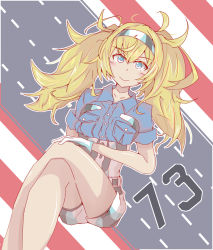 Rule 34 | 1girl, bakuma, bare legs, blonde hair, blue eyes, blue shirt, breast pocket, breasts, commentary request, gambier bay (kancolle), gloves, graphite (medium), hair between eyes, hairband, kantai collection, large breasts, long hair, mechanical pencil, pencil, pocket, shirt, short sleeves, smile, solo, traditional media, twintails