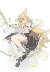 Rule 34 | 1girl, :o, absurdres, alternate costume, animal ear fluff, animal ears, arknights, bare shoulders, black dress, black footwear, blonde hair, blush, braid, braided hair rings, commentary request, dress, enmaided, flower, fox ears, fox girl, fox tail, frilled dress, frills, hair rings, highres, kele mimi, lily of the valley, looking at viewer, maid, parted lips, puffy short sleeves, puffy sleeves, shoes, short sleeves, simple background, socks, solo, suzuran (arknights), tail, twin braids, vase, white background, white flower, white socks