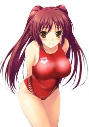 Rule 34 | 00s, 1girl, arena (company), arms behind back, blush, breasts, brown eyes, cleavage, closed mouth, collarbone, competition swimsuit, cowboy shot, emblem, groin, hip focus, jpeg artifacts, kousaka tamaki, large breasts, leaning forward, legs together, light smile, long hair, looking at viewer, one-piece swimsuit, parted bangs, red hair, red one-piece swimsuit, sideboob, sidelocks, simple background, smile, solo, standing, straight hair, swimsuit, third-party edit, to heart (series), to heart 2, tomose shunsaku, twintails, very long hair, white background