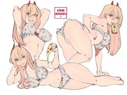 Rule 34 | 1girl, arms up, ass, blonde hair, bra, breasts, chainsaw man, cross-shaped pupils, food, food in mouth, food print, frilled bra, frilled panties, frills, grin, horns, kamii momoru, light blush, long hair, looking at viewer, looking back, lying, multiple views, on side, panties, pizza, pizza slice, power (chainsaw man), smile, solo, strawberry print, symbol-shaped pupils, thighs, underwear