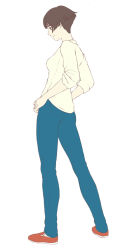 Rule 34 | 00s, blouse, brown eyes, brown hair, from behind, full body, gake no ue no ponyo, jas (littlecrime), lisa (ponyo), loafers, long sleeves, looking away, pants, shirt, shoes, sleeves pushed up, solo, white background, white shirt