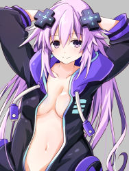 Rule 34 | 1girl, adult neptune, arms behind head, arms up, blush, breasts, cleavage, commentary request, d-pad, d-pad hair ornament, groin, hair between eyes, hair ornament, hood, hooded jacket, iwashi dorobou -r-, jacket, long hair, looking at viewer, medium breasts, midriff, navel, neptune (series), no bra, no choker, no panties, open clothes, open jacket, out-of-frame censoring, purple eyes, purple hair, self exposure, shin jigen game neptune vii, simple background, smile, solo, usb, very long hair