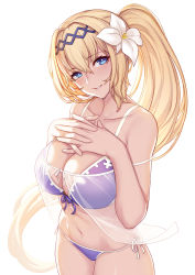 Rule 34 | 1girl, bare shoulders, bikini, blonde hair, blush, breasts, cleavage, collarbone, diadem, dress, evan yang, flower, front-tie top, gown, granblue fantasy, hair between eyes, hair flower, hair intakes, hair ornament, hands on own chest, headpiece, highres, hip focus, interlocked fingers, jeanne d&#039;arc (granblue fantasy), large breasts, lily (flower), long hair, looking at viewer, navel, ponytail, purple bikini, see-through, side-tie bikini bottom, side-tie bottom, simple background, smile, solo, swimsuit, very long hair, white background