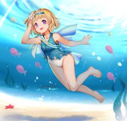 Rule 34 | 1girl, :d, air bubble, bare shoulders, blonde hair, blue one-piece swimsuit, bluesnail, bubble, casual one-piece swimsuit, collarbone, fire emblem, fire emblem heroes, fish, freediving, hand in own hair, highres, looking at viewer, nintendo, official alternate costume, one-piece swimsuit, open mouth, purple eyes, short hair, smile, solo, star (symbol), submerged, swimming, swimsuit, tiara, underwater, water, white one-piece swimsuit, ylgr (fire emblem)