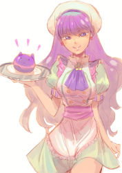 Rule 34 | 1girl, apron, bow, closed mouth, cowboy shot, earrings, floating hair, hair bow, hat, holding, holding plate, jewelry, jj (ssspulse), kirakira precure a la mode, kotozume yukari, long hair, looking at viewer, miniskirt, plate, precure, purple bow, purple eyes, purple hair, purple neckwear, short sleeves, simple background, skirt, smile, solo, standing, v-shaped eyebrows, very long hair, white apron, white background, white hat