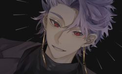 Rule 34 | 1boy, absurdres, black background, black sweater, commentary request, earrings, grey jacket, highres, jacket, jewelry, male focus, portrait, purple hair, red eyes, saibou shinkyoku, short hair, simple background, smile, solo, sweater, tenpo0212, theodore riddle, turtleneck, turtleneck sweater