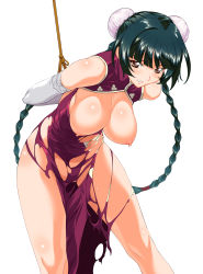 Rule 34 | 00s, 1girl, a1 (initial-g), absurdres, bdsm, bondage, bound, breasts, brown eyes, bun cover, china dress, chinese clothes, double bun, dress, elbow gloves, framed breasts, gloves, green hair, gundam, gundam 00, hair bun, highres, large breasts, long hair, looking at viewer, nipples, partially visible vulva, rope, simple background, solo, sweat, torn clothes, very long hair, wang liu mei, white background