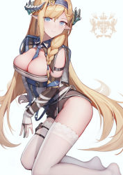 Rule 34 | 1girl, absurdres, arknights, arm strap, bare shoulders, between breasts, black gloves, blonde hair, blue eyes, blue hairband, blue necktie, braid, breasts, cleavage, commentary, elbow gloves, gloves, hairband, highres, horns, jean.organ, kingdom of victoria logo, large breasts, long hair, looking at viewer, necktie, necktie between breasts, no shoes, saileach (arknights), simple background, single braid, smile, solo, thighhighs, thighs, very long hair, white background, white thighhighs