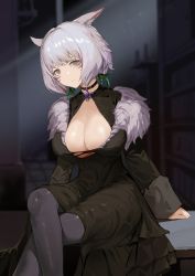 Rule 34 | 1girl, animal ears, arms behind back, bad id, bad pixiv id, black choker, black dress, black legwear, blurry, blurry background, bookshelf, breasts, cat ears, cat girl, center opening, choker, cleavage, closed mouth, commentary request, crossed legs, dress, expressionless, facial mark, final fantasy, final fantasy xiv, frown, fur trim, gem, grey eyes, grey hair, jewelry, large breasts, looking at viewer, miqo&#039;te, short hair, sitting, slit pupils, whisker markings, zhazhapao