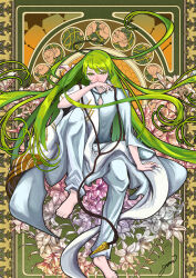 Rule 34 | 1boy, absurdly long hair, androgynous, arm support, art nouveau, barefoot, colored eyelashes, enkidu (fate), fate/grand order, fate (series), floating hair, floral background, floral print, flower, green hair, hair between eyes, half-closed eyes, highres, invisible chair, leg up, lily (flower), long hair, male focus, pants, robe, rose, rose print, shirt, signature, sitting, solo, straight-on, thick eyelashes, very long hair, white pants, white robe, white shirt, yellow eyes, yow-utsugi