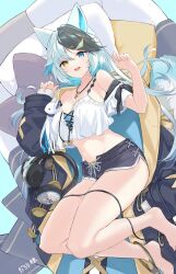 Rule 34 | 1girl, animal ears, barefoot, black coat, black hair, black shorts, blue hair, breasts, cat ears, coat, commission, commissioner name, crop top, darara (vtuber), dolphin shorts, fukuda935, hair ornament, hands up, headphones, heterochromia, indie virtual youtuber, jewelry, large breasts, long hair, looking at viewer, multicolored hair, navel, necklace, off shoulder, open clothes, open coat, open mouth, shorts, skeb commission, solo, virtual youtuber