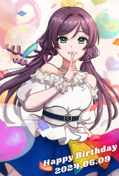Rule 34 | 1girl, aqua eyes, artist request, bare shoulders, birthday, dated, happy birthday, looking at viewer, love live!, purple hair, short sleeves, smile, solo, tojo nozomi, twintails