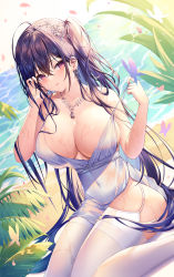 Rule 34 | 1girl, absurdres, azur lane, bare arms, bare shoulders, black hair, blush, breasts, bug, butterfly, cleavage, collarbone, covered navel, dress, earrings, flower, garter straps, hair flower, hair ornament, highres, insect, jewelry, kneeling, large breasts, long hair, looking at viewer, necklace, official alternate costume, outdoors, parted lips, shan far, side ponytail, sleeveless, smile, solo, strap pull, taihou (azur lane), taihou (temptation on the sea breeze) (azur lane), thighhighs, thighs, wet, white dress, white thighhighs