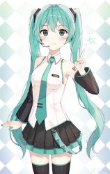 Rule 34 | 1girl, absurdres, aqua eyes, aqua hair, aqua nails, argyle, argyle background, argyle clothes, arm up, bare shoulders, black skirt, black sleeves, black thighhighs, blue necktie, blush, breasts, closed mouth, cowboy shot, detached sleeves, dot nose, hair between eyes, hair ornament, hatsune miku, headset, highres, huge filesize, long hair, looking at viewer, monjja, nail polish, necktie, number tattoo, pleated skirt, see-through, shirt, sidelocks, signature, skirt, sleeveless, sleeveless shirt, smile, solo, star (symbol), tattoo, thighhighs, twintails, v, very long hair, vocaloid, white shirt, zettai ryouiki