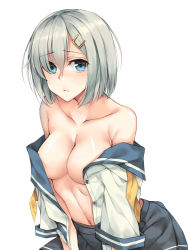 Rule 34 | 10s, 1girl, bare shoulders, black skirt, blue eyes, blush, breasts, closed mouth, collarbone, commentary request, hair ornament, hair over one eye, hairclip, hamakaze (kancolle), highres, kantai collection, looking at viewer, medium breasts, midriff, navel, no bra, off shoulder, open clothes, open shirt, pantyhose, rinarisa, school uniform, serafuku, shiny skin, shirt, short hair, silver hair, skirt, solo, stomach, white background
