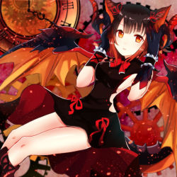 Rule 34 | 1girl, armpits, bare legs, black dress, black hair, blush, bow, breasts, clock, clothing cutout, commentary request, dragon girl, dragon horns, dragon tail, dragon wings, dress, gears, hair between eyes, hair bow, hair ornament, hand on own head, highres, horns, looking at viewer, multicolored hair, myr (p&amp;d), open mouth, orange eyes, orange hair, puzzle &amp; dragons, ruchita, short hair, side cutout, sitting, solo, tail, thighs, two-tone hair, wings