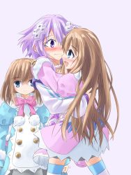 Rule 34 | 3girls, artist request, blue coat, blue eyes, blush, brown hair, choker, coat, d-pad, d-pad hair ornament, flat chest, hair ornament, highres, holding, hug, jacket, long hair, medium hair, multiple girls, neptune (neptunia), neptune (series), nervous, open mouth, parka, pink coat, pom pom (clothes), purple eyes, purple hair, ram (neptunia), rom (neptunia), short hair, siblings, simple background, sisters, skirt, smile, standing, twins, winter clothes, winter coat