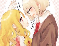 Rule 34 | 1boy, 1girl, blonde hair, blush, brown sweater, collared shirt, couple, closed eyes, glasses, hand up, height difference, original, patterned background, red eyes, red neckwear, shirt, signature, sweatdrop, sweater, tsubaki tsubaru, two-tone background, wavy hair, white background, white shirt