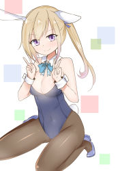 Rule 34 | 10s, 1girl, animal ears, bare shoulders, blonde hair, blush, bow, bowtie, breasts, cleavage, covered navel, detached collar, double v, fake animal ears, highres, kawakami mai, long hair, looking at viewer, musaigen no phantom world, pantyhose, playboy bunny, purple eyes, rabbit ears, rabbit tail, re-arusu, side ponytail, smile, solo, tail, v, wrist cuffs