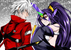 Rule 34 | 1boy, 1girl, bare shoulders, belt, blazblue, breasts, brother and sister, clenched teeth, coat, detached sleeves, hades izanami, hair ornament, long hair, mikado (blazblue), open mouth, ponytail, purple hair, ragna the bloodedge, red eyes, short hair, siblings, sideboob, sword, teeth, weapon, white hair