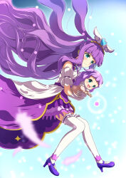 Rule 34 | 2girls, :d, bare shoulders, blue background, blue eyes, closed mouth, commentary request, cure majesty, dress, dual persona, ellee-chan, floating hair, heart, high heels, highres, hirogaru sky! precure, long hair, multiple girls, open mouth, pleated dress, precure, purple dress, purple footwear, purple hair, shoes, smile, thighhighs, tsuyukina fuzuki, two side up, very long hair, white thighhighs