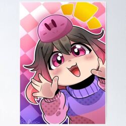 Rule 34 | akumu (glitchtale), bad tag, bete noire, brown hair, clothes, glitchtale, open mouth, pink eyes, pink hair, pink shirt, poster, purple shirt, shirt, short hair, smile, bad tag